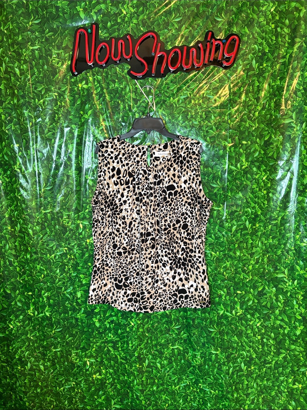 Calvin Klein Sleeveless Leopard Print Blouse - Black and Cream
